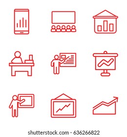 Presentation icons set. set of 9 presentation outline icons such as table, graph, teacher, chart, graph on display, graph on board