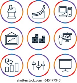 Presentation icons set. set of 9 presentation outline icons such as graph, equalizer, board, speaker, pc, chart