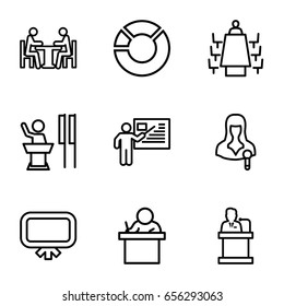 Presentation icons set. set of 9 presentation outline icons such as board, woman speaker, meeting, speaker, teacher