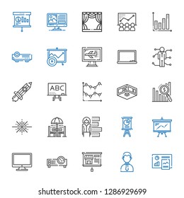 presentation icons set. Collection of presentation with analytics, businessman, projector, computer, bar chart, chair and table, big bang. Editable and scalable presentation icons.