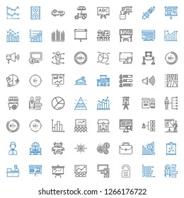 presentation icons set. Collection of presentation with bar chart, room, pc, chart, working, strategy, portfolio, big bang, poster, chair and table. Editable and scalable presentation icons.