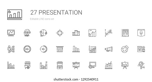 presentation icons set. Collection of presentation with bar graph, computer, stand, bar chart, speaker, curtains, percentage, skills. Editable and scalable presentation icons.