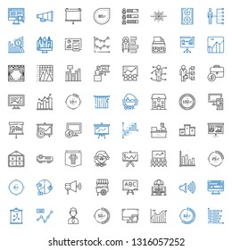 presentation icons set. Collection of presentation with bar chart, percentage, line chart, computer, businessman, strategy, speaker. Editable and scalable presentation icons.