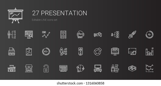 presentation icons set. Collection of presentation with bar chart, stand, pie chart, computer, room, school, office, standee, skills. Editable and scalable presentation icons.