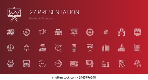 presentation icons set. Collection of presentation with bar chart, branding, percentage, stand, poster, speaker, pie chart, big bang. Editable and scalable presentation icons.