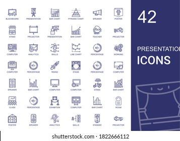 presentation icons set. Collection of presentation with blackboard, bar chart, pyramid chart, speaker, poster, stand, projector, teacher. Editable and scalable presentation icons.