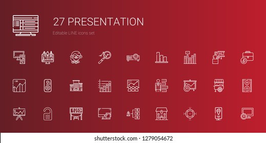 presentation icons set. Collection of presentation with pie chart, school, skills, computer, exhibition, room, analytics, bar chart. Editable and scalable presentation icons.