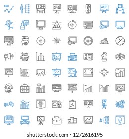 presentation icons set. Collection of presentation with poster, skills, analytics, podium, portfolio, strategy, stand, computer, working. Editable and scalable presentation icons.