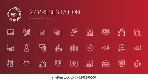 presentation icons set. Collection of presentation with poster, class, bar graph, stage, skills, speaker, percentage, bar chart, school. Editable and scalable presentation icons.
