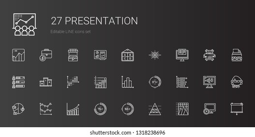 presentation icons set. Collection of presentation with pyramid chart, percentage, bar chart, line chart, pie podium, skills. Editable and scalable presentation icons.