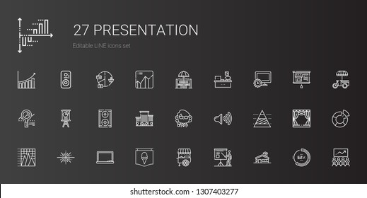 presentation icons set. Collection of presentation with school, stand, poster, blackboard, big bang, pyramid chart, speaker, teacher. Editable and scalable presentation icons.