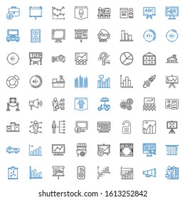 presentation icons set. Collection of presentation with skills, speaker, bar chart, strategy, curtains, computer, stage, analytics, stand. Editable and scalable presentation icons.