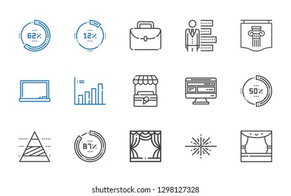 presentation icons set. Collection of presentation with stage, big bang, percentage, pyramid chart, computer, stand, bar chart, blackboard. Editable and scalable presentation icons.
