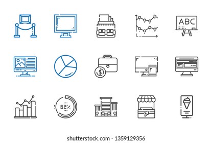 presentation icons set. Collection of presentation with standee, stand, office, percentage, bar graph, computer, portfolio, chart, blackboard. Editable and scalable presentation icons.