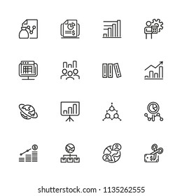Iconos de presentación. Conjunto de iconos de línea. Informe, investigación, diagrama. Concepto de presentación. La ilustración vectorial puede utilizarse para temas como las finanzas, el análisis, la asociación internacional.