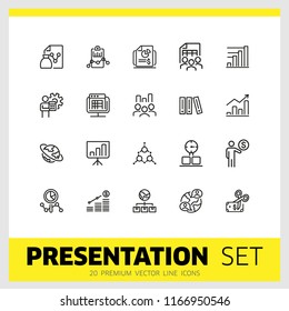 Presentation icons. Set of  line icons. Report, research, diagram. Presentation concept. Vector illustration can be used for topics like finance, analysis, international partnership.