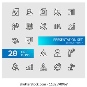 Presentation icons. Set of  line icons. Report, research, diagram. Presentation concept. Vector illustration can be used for topics like finance, analysis, international partnership.