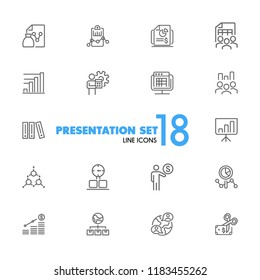 Presentation icons. Set of  line icons. Report, research, diagram. Presentation concept. Vector illustration can be used for topics like finance, analysis, international partnership.