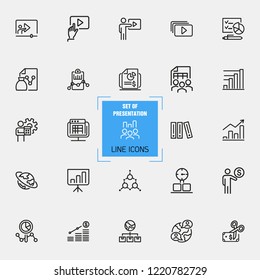 Presentation icons. Set of  line icons. Report, research, diagram. Presentation concept. Vector illustration can be used for topics like finance, analysis, international partnership.