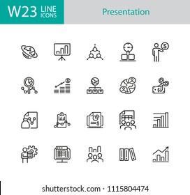 Presentation icons. Set of twenty line icons. Report, research, diagram. Presentation concept. Vector illustration can be used for topics like finance, analysis, international partnership.