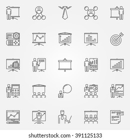 Presentation icons set - vector business presentation symbols or logo elements in thin line style