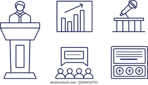 Presentation icons speaker graph microphone audience and screen podium statistics