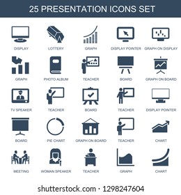 presentation icons. Trendy 25 presentation icons. Contain icons such as display, lottery, graph, display pointer, graph on display, photo album. presentation icon for web and mobile.