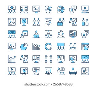 Presentation icons. Vector line icon set. Modern outline design. Blue concept
