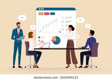 Presentación de ideas o planificación de negocios, análisis. Grupo de gente de negocios frente a una junta con estadísticas que discuten estrategia, problema, estudiando estadísticas. Ilustración vectorial en estilo plano.