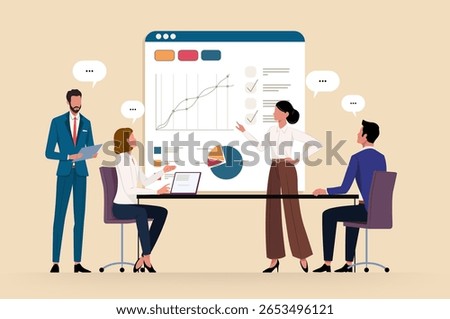 Presentation of ideas or business planning, analysis. Group of business people in front of a board with statistics discussing strategy, problem, studying statistics. Vector illustration in flat style.
