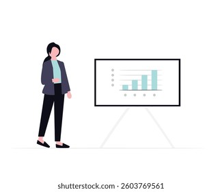 Presentation illustration for web and app design featuring business pitch data visualization team meeting and slide deck elements in a modern flat style