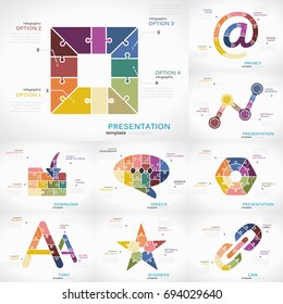 Presentation infographic collection pack with Presentation, Speech, Download, Link, Business, Font and Privacy puzzle illustrations