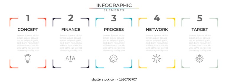 Presentation infographic design template with icons and five options or steps. Vector for company and corporate business project.
