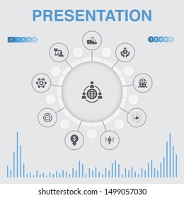 presentation infographic with icons. Contains such icons as lecturer, topic, business presentation