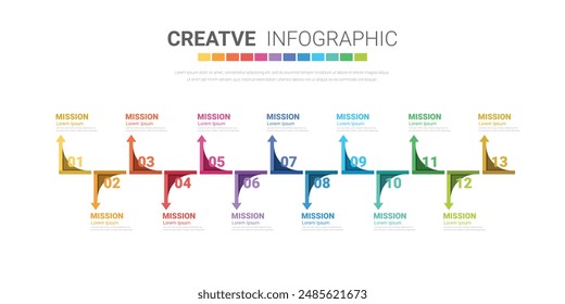 Plantilla de infografía de presentación con 13 opciones, diseño de infografías de Vector e íconos de marketing se pueden utilizar para el diseño del flujo de trabajo, pasos o procesos. VECTOR EPS.