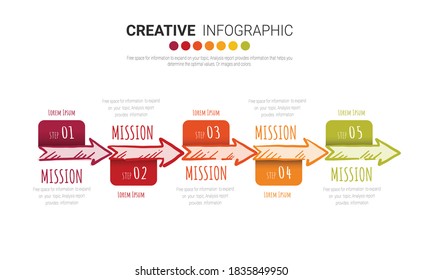 Presentation infographic template with 5 options, Hand drawn line art cartoon vector illustration.