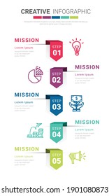 Se puede utilizar una plantilla infográfica de presentación con 5 opciones, diseño de infografías vectoriales e iconos de marketing para el diseño de flujo de trabajo, pasos o procesos.