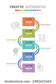 Präsentationsinfografische Vorlage mit 5 Optionen, Vektorgrafik-Infografik-Design und Marketing-Icons können für Workflow-Layout, Schritte oder Prozesse verwendet werden. EPS-Vektorgrafik.