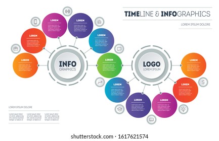Presentation or infographics with 11 steps. Template of Info graphic for technological or education process with eleven options. Gradual development of business. Looks like a DNA molecule.