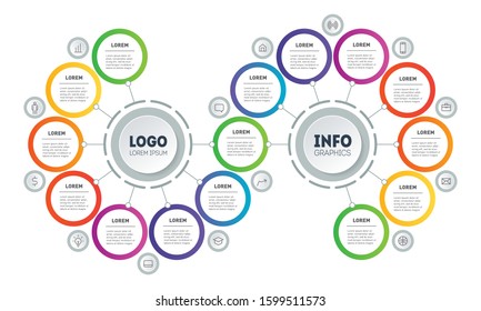 Presentation or infographics with 15 steps. Template of Info graphic for technological or education process with Fifteen options. Annual report. Gradual development of business in a recession.