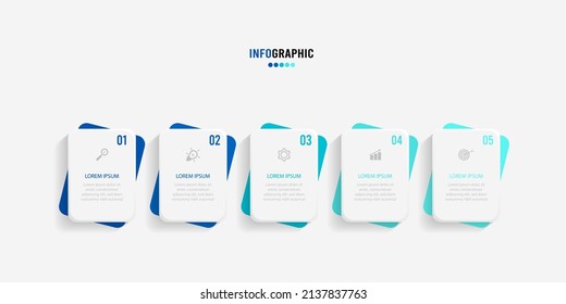 Plantilla de información de presentación. Concepto de negocio con 5 opciones de número e iconos de marketing. Ilustración vectorial. Se puede utilizar para diseño de flujo de trabajo, informe anual, gráfico de información, diseño web.