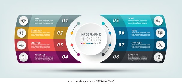 Presentation of information in a modern way through a text box format with 8 parts to work, used for planning, reporting, explaining the workflow, vector, infographic design.