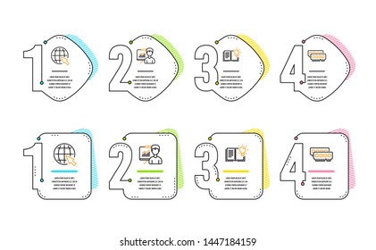 Presentation, Internet and Product knowledge icons simple set. Ram sign. Education board, World web, Education process. Random-access memory. Science set. Infographic timeline. Line presentation icon