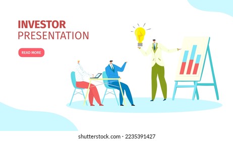 Presentation for investor web page, landing, vector illustration. Startup ideas on board. Partners and investors at conference.