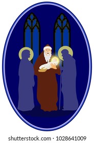 Presentation of Jesus in the temple, Simeon carrying baby Jesus and silhouettes of Virgin Mary and St. Joseph, in a blue oval