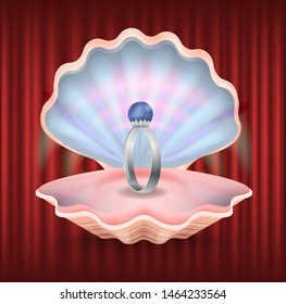 Presentation of jewelry in box vector, isolated shell with engagement ring. Red curtain background with expensive present for wedding day flat style
