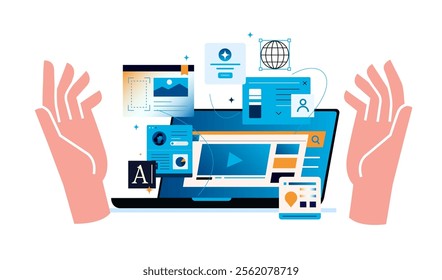 Presentation of a laptop between open arms. Spectacular color illustration.