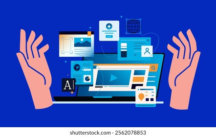 Presentation of a laptop between open arms. Spectacular color illustration.