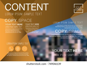 Presentation layout design template, Business Financial for background, Blur city background, Dark gold color tone, Flat style vector illustration artwork.