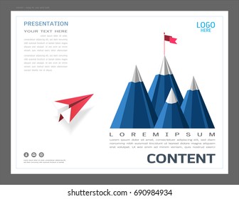 Presentation layout design template, Leadership concept, Red plane flying on sky go to mountain with a flag on top, Symbol of success, goal, achievements.